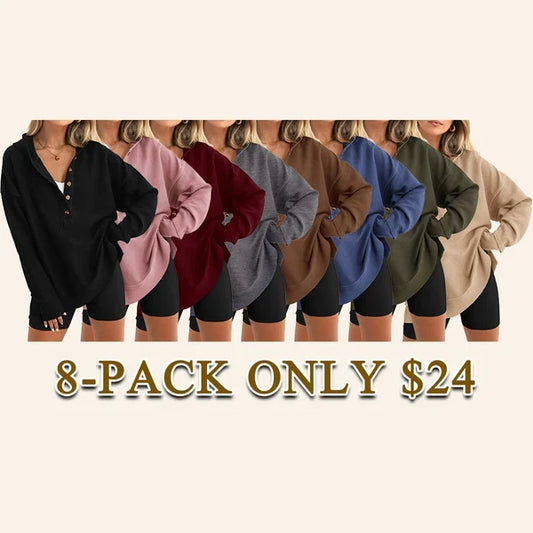 Women’s Oversized V-Neck Hoodie – Relaxed Button Pullover with Side Slits